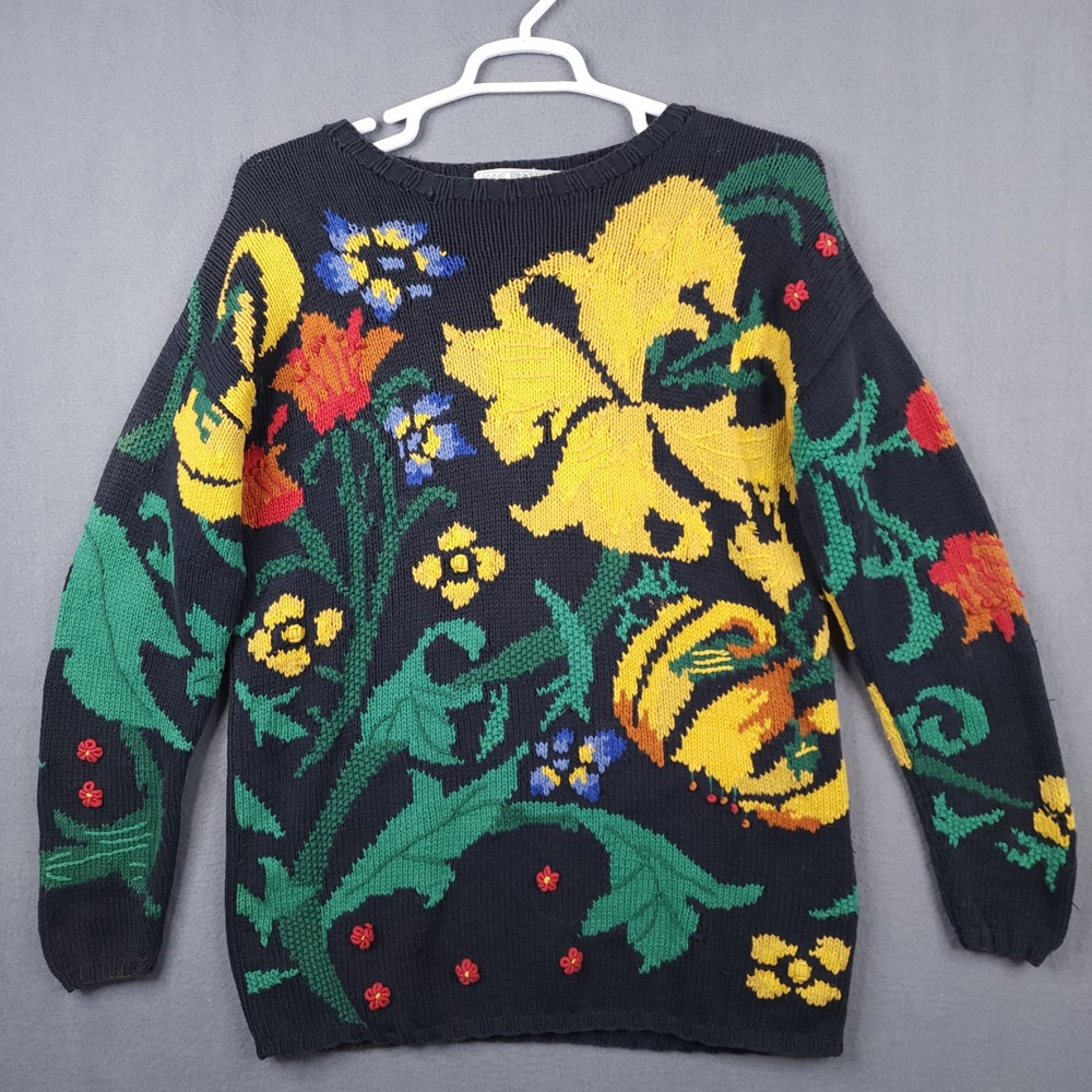 Anne Pinkerton Maglia Womens Large Black Floral Embroidered Cotton‎ Knit Sweater